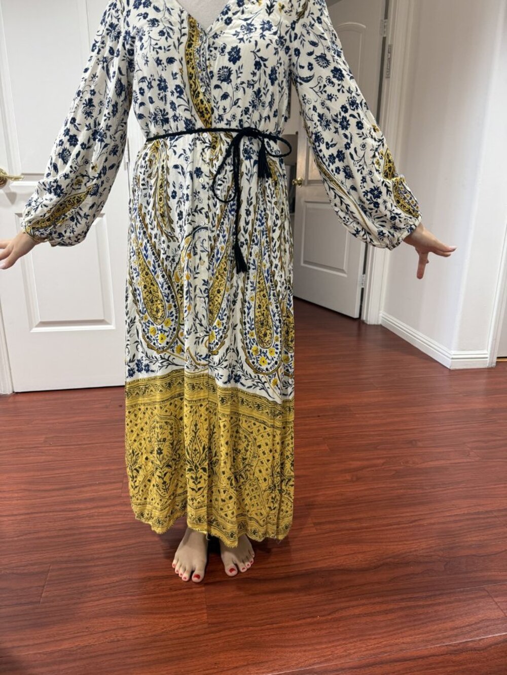 Zara Paisley Print Maxi Dress White Navy Yellow Border Long Sleeve S